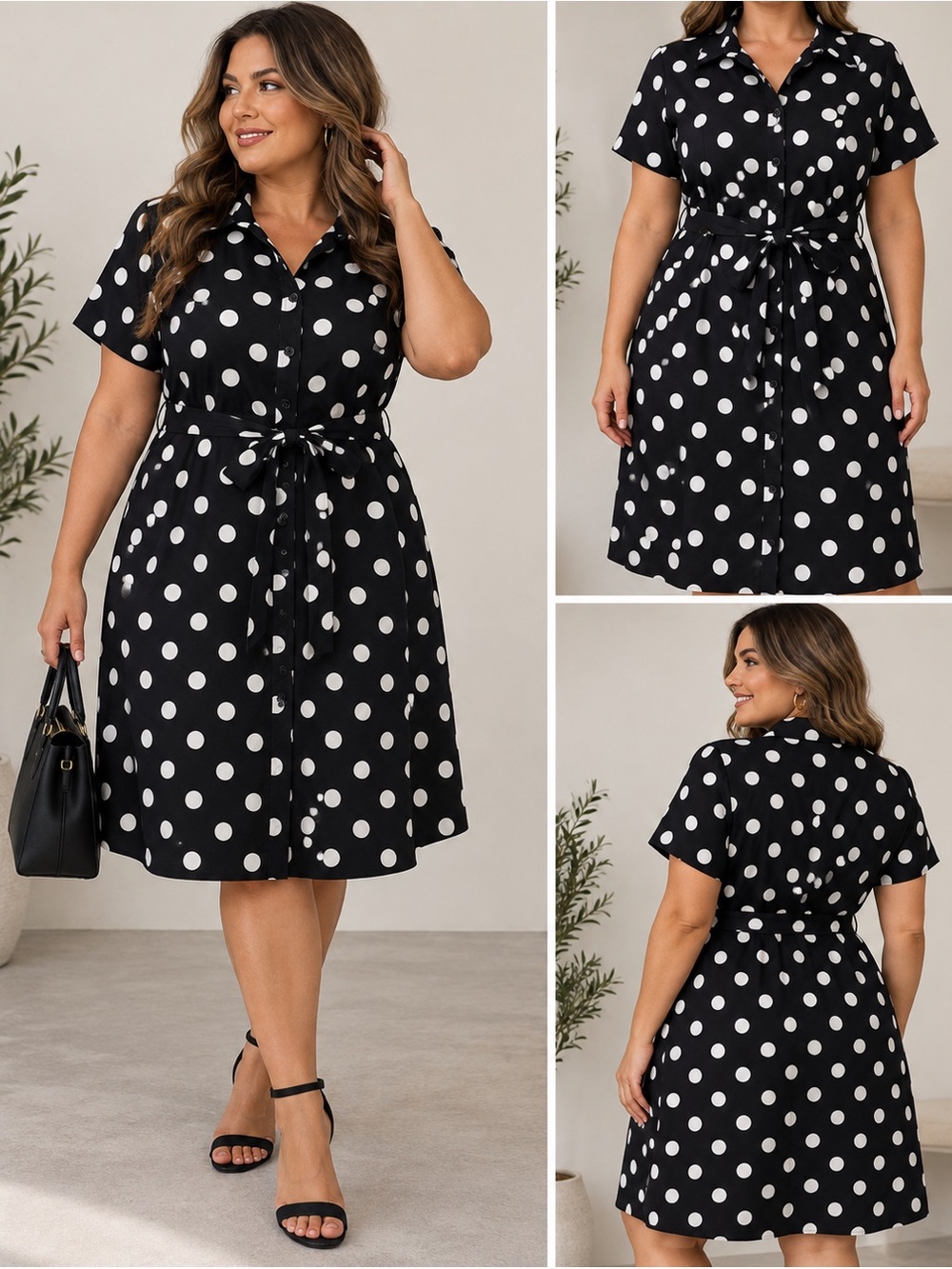 Lane Bryant Polka Dot Shirt Dress Size 16 Black White Belted Midi - Picture 2 of 6